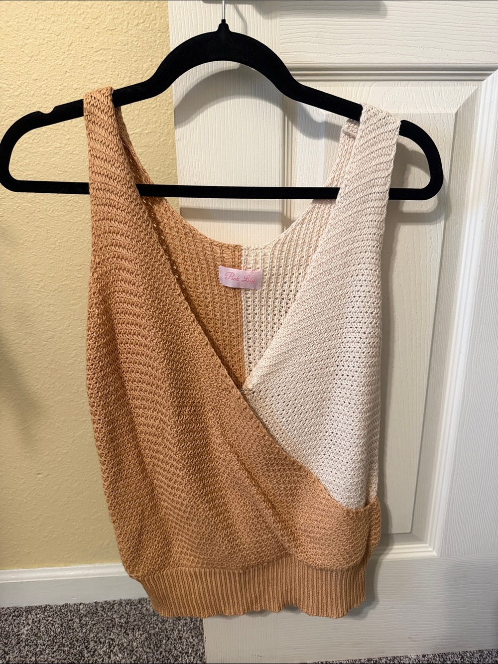 Pink Lily Two-Tone Knit Wrap Tank - Beige & Cream
